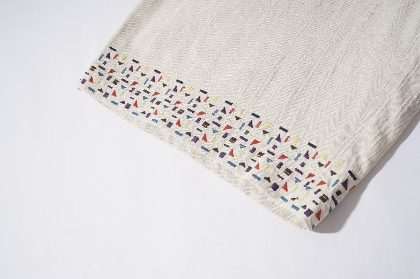 Beige Embroidered Edge Cotton-Linen Shorts