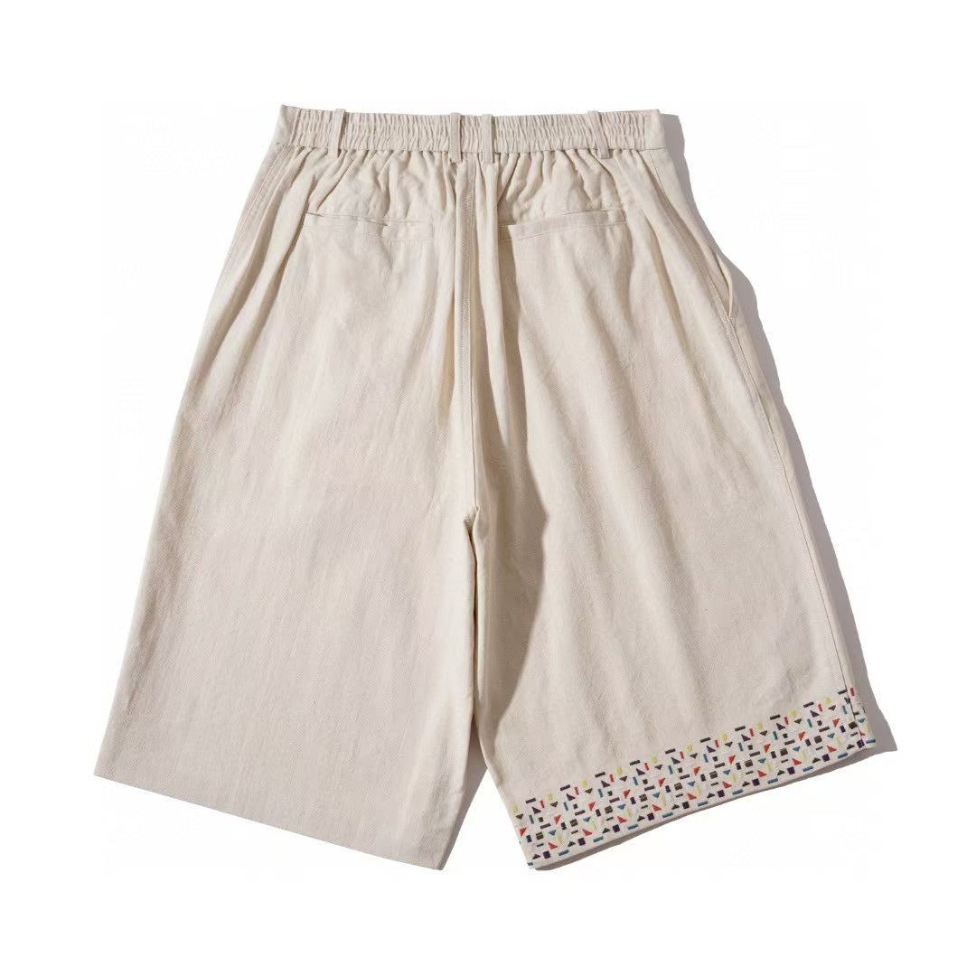 Beige Embroidered Edge Cotton-Linen Shorts