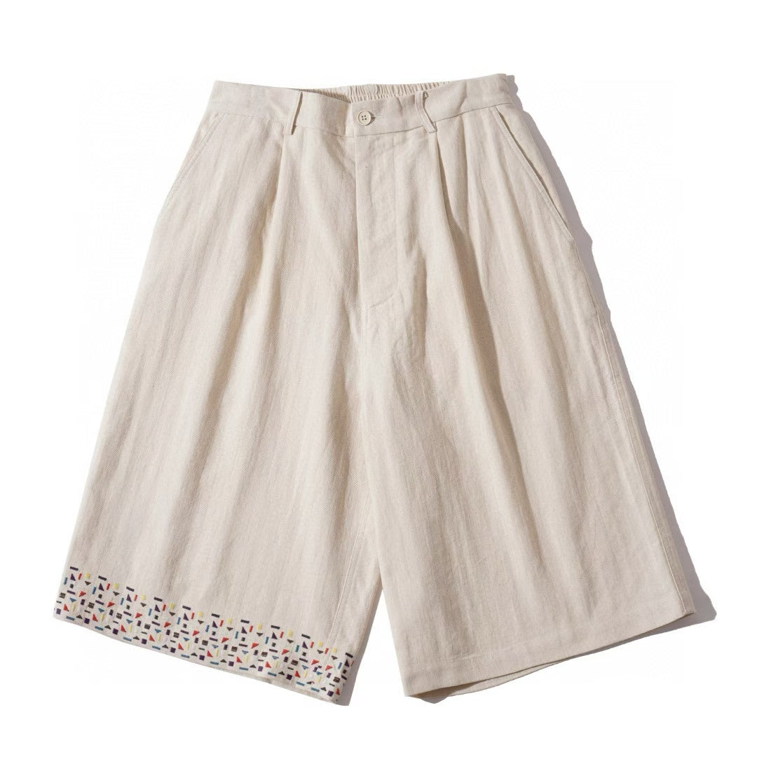 Beige Embroidered Edge Cotton-Linen Shorts