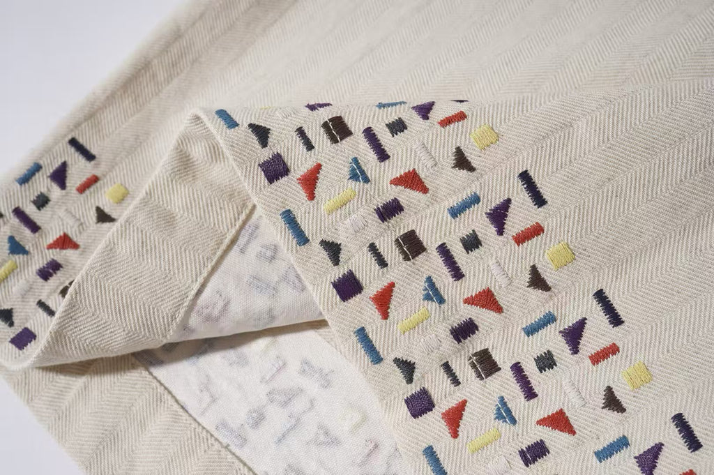 Beige Embroidered Edge Cotton-Linen Shorts