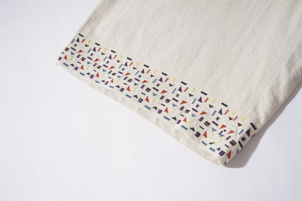 Beige Embroidered Edge Cotton-Linen Shorts