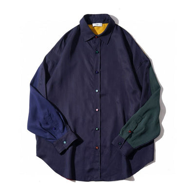 Navy Color Block Patchwork Long Sleeve Shirt