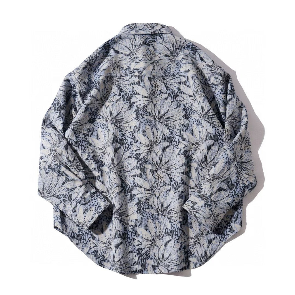 Blue Foliage Print Long Sleeve Shirt Jacket