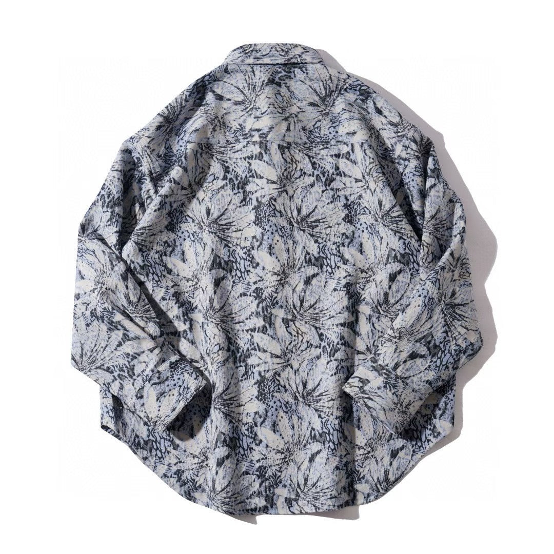 Blue Foliage Print Long Sleeve Shirt Jacket