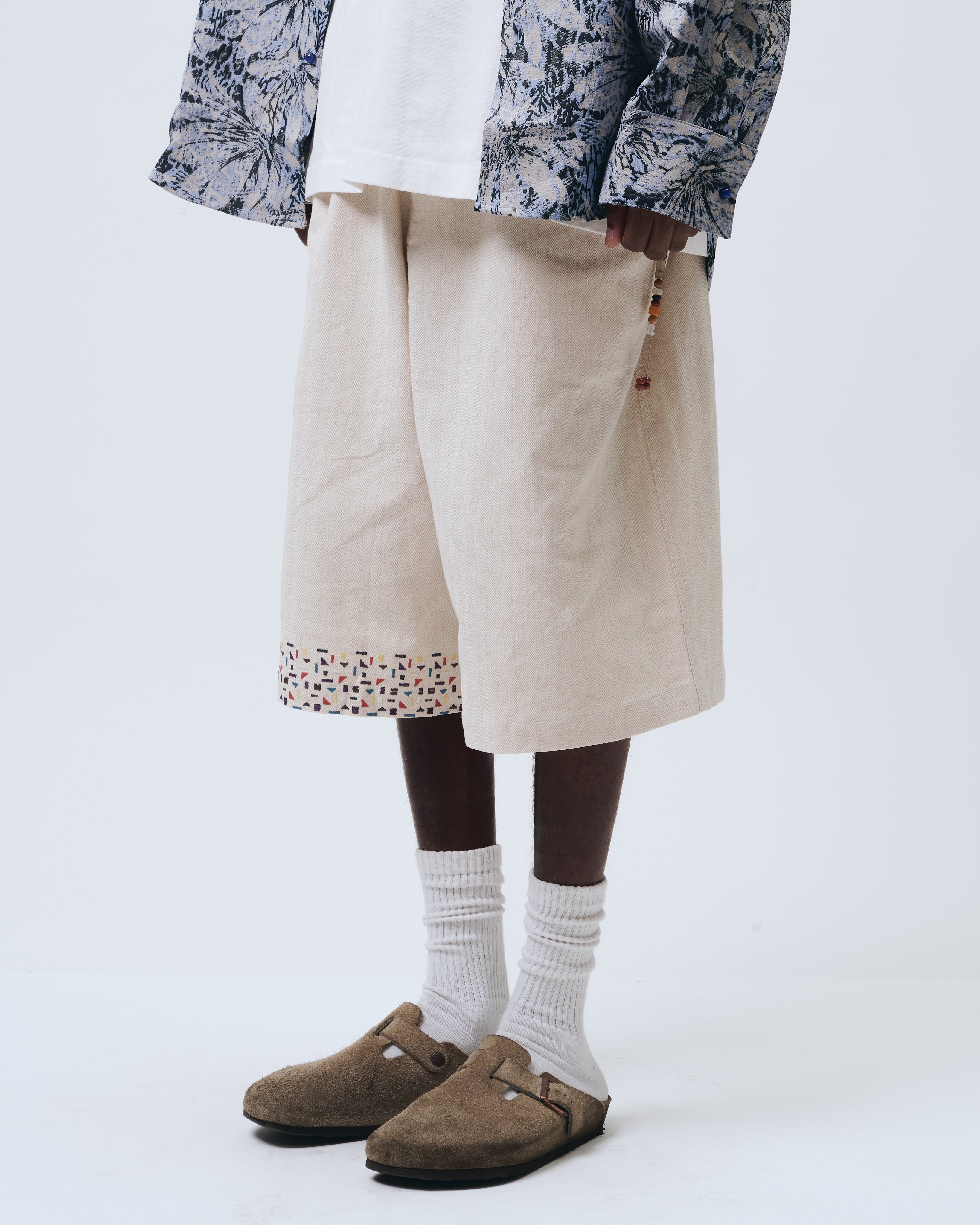 Beige Embroidered Edge Cotton-Linen Shorts