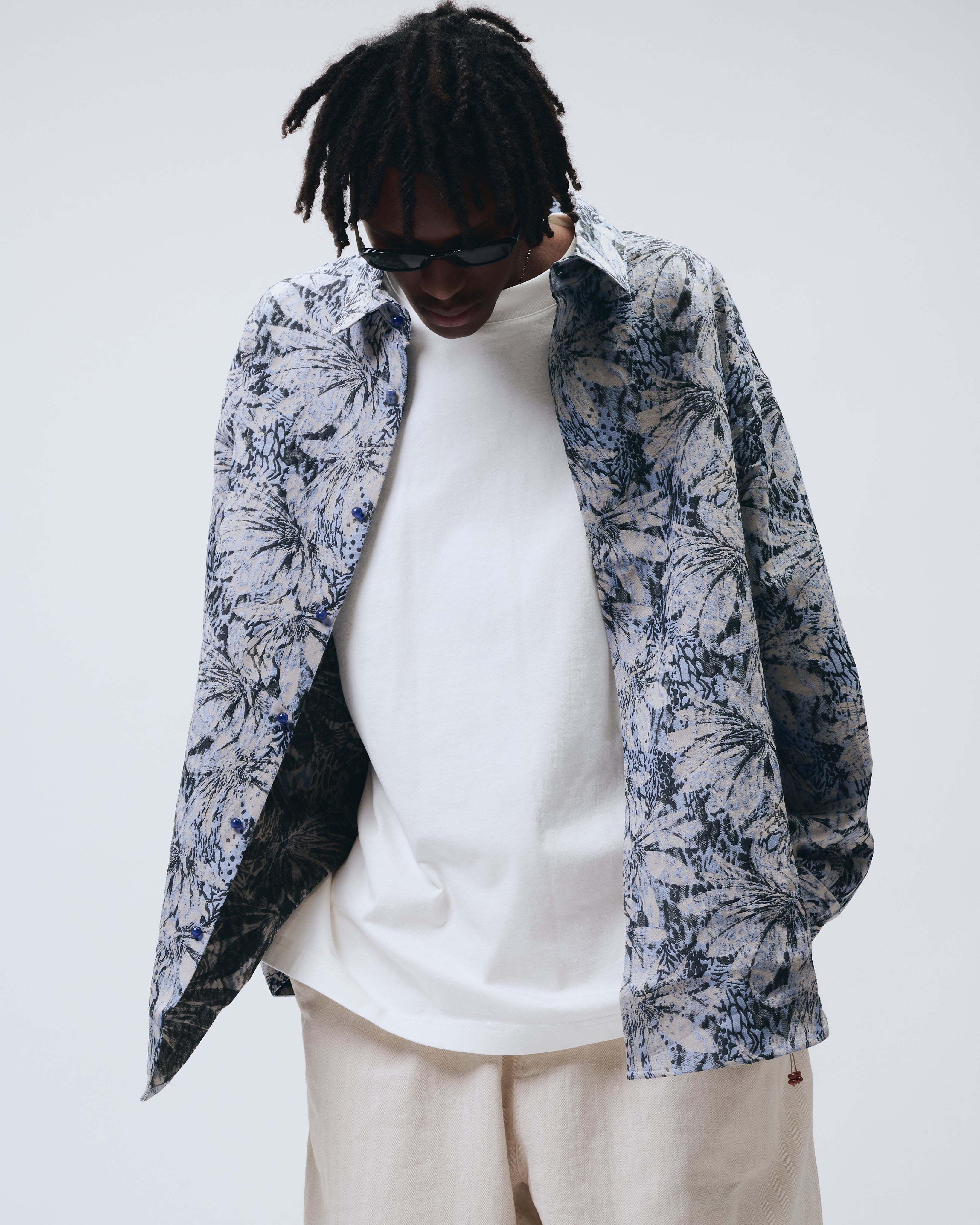 Blue Foliage Print Long Sleeve Shirt Jacket