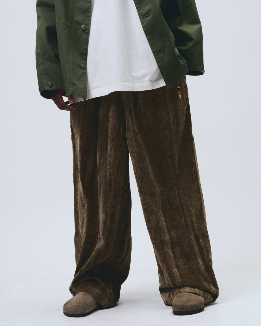 Person wearing a green jacket, white shirt, brown corduroy pants, and brown shoes on a light gray background