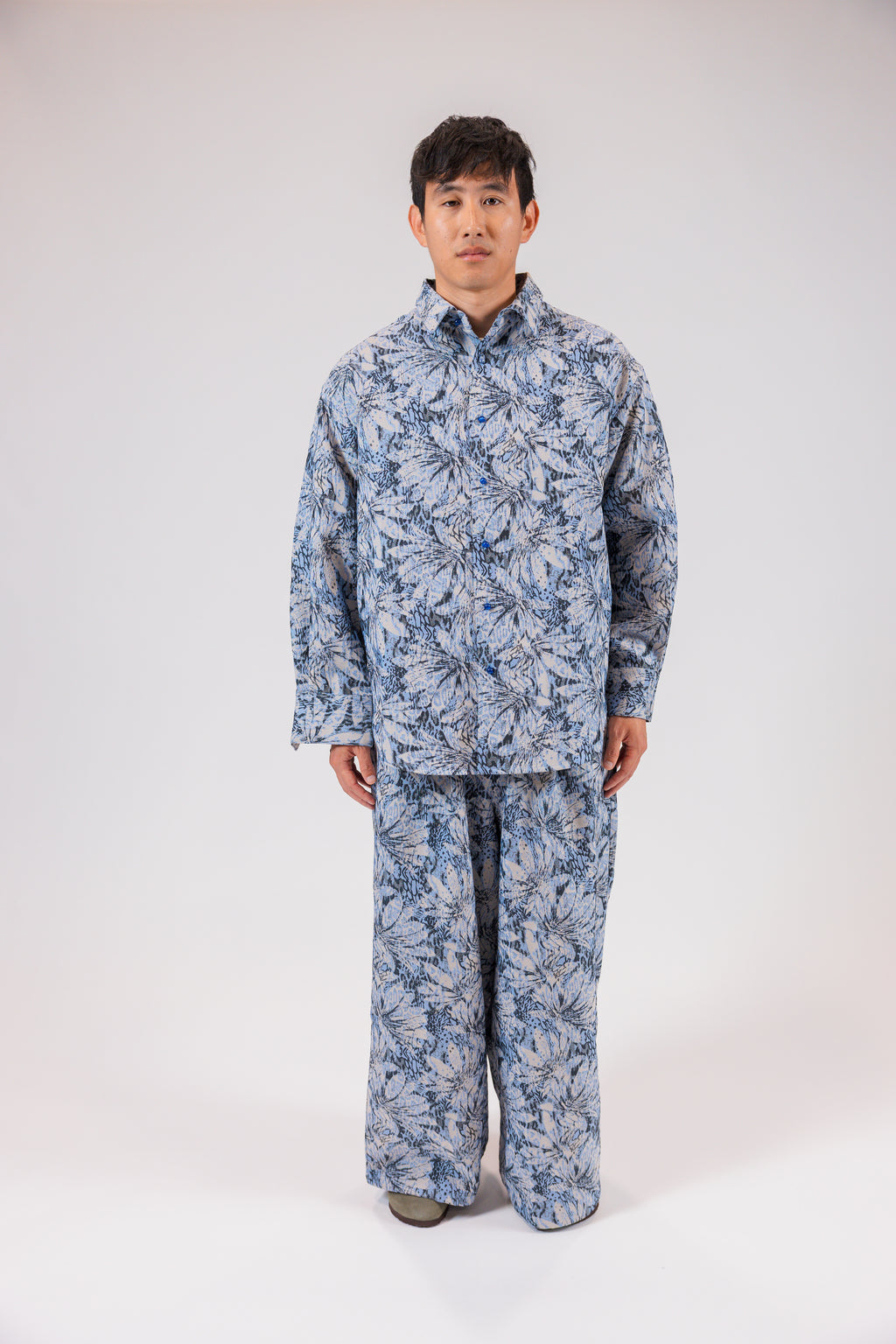 Blue Foliage Print Long Sleeve Shirt Jacket