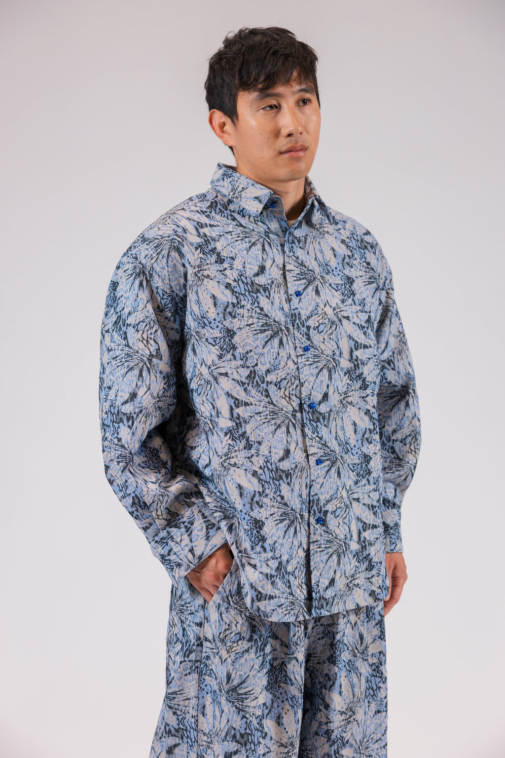 Blue Foliage Print Long Sleeve Shirt Jacket