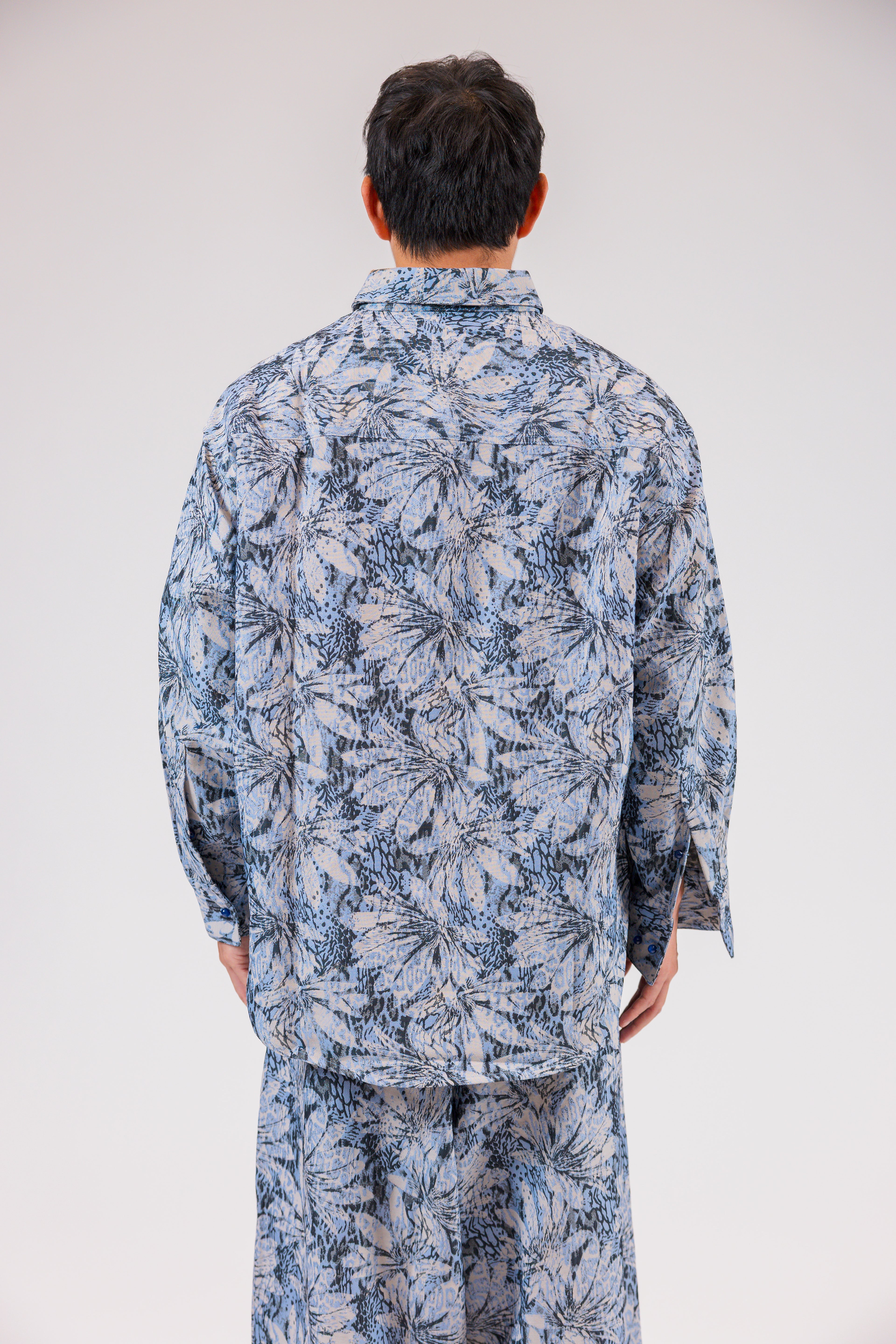 Blue Foliage Print Long Sleeve Shirt Jacket