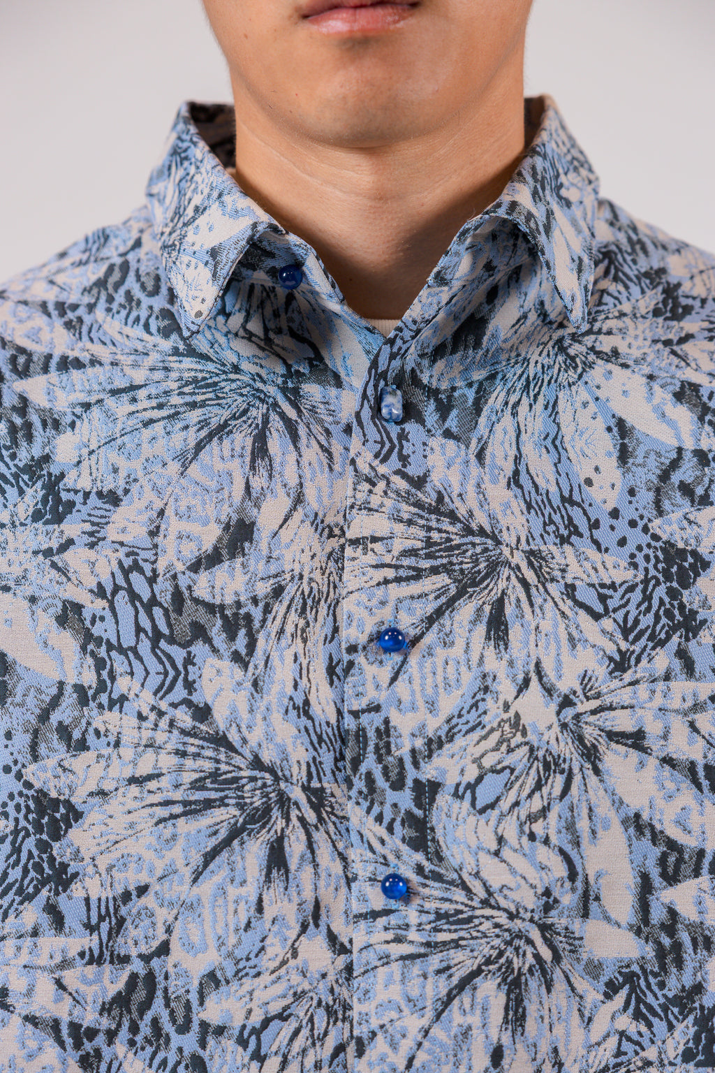 Blue Foliage Print Long Sleeve Shirt Jacket