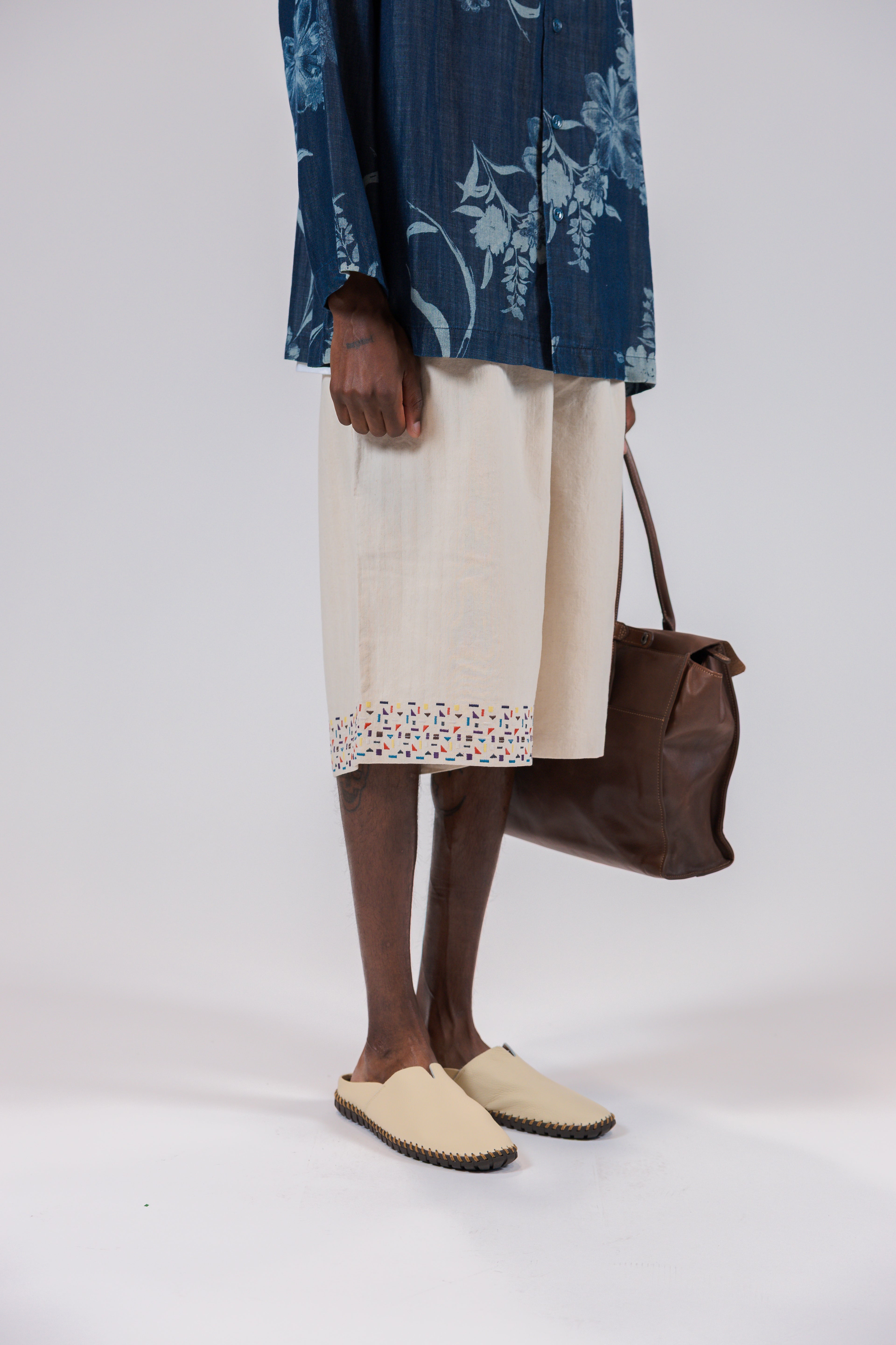 Beige Embroidered Edge Cotton-Linen Shorts