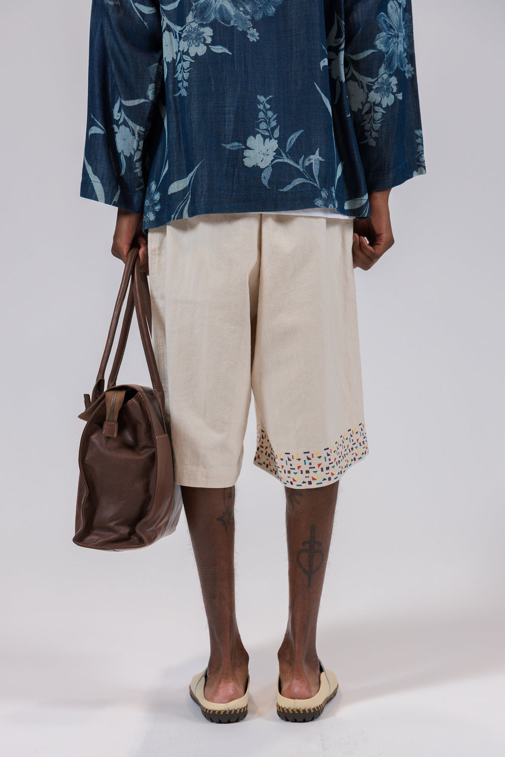 Beige Embroidered Edge Beige Shorts