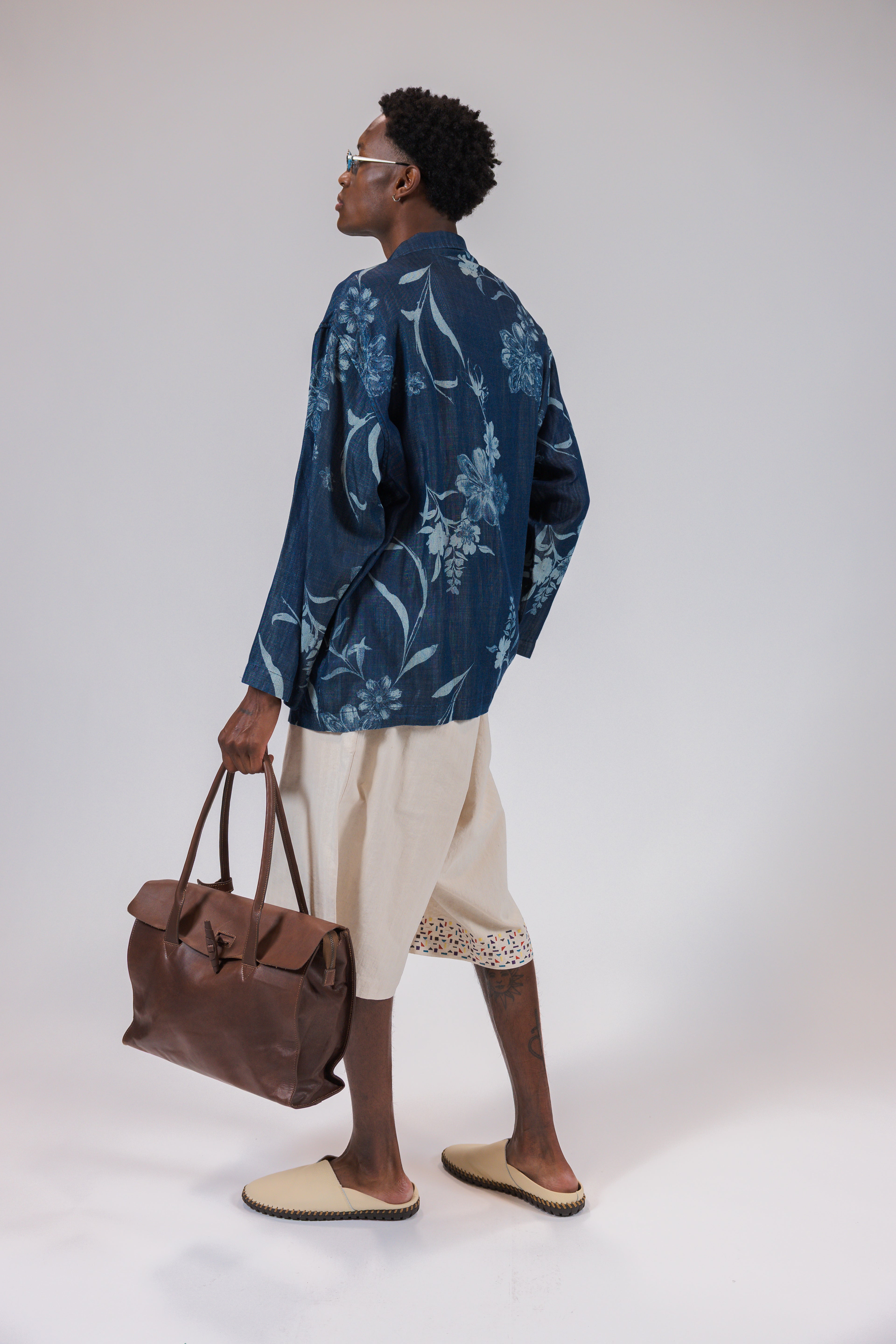 Beige Embroidered Edge Cotton-Linen Shorts