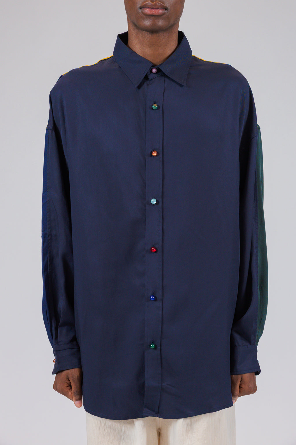Navy Color Block Patchwork Long Sleeve Shirt